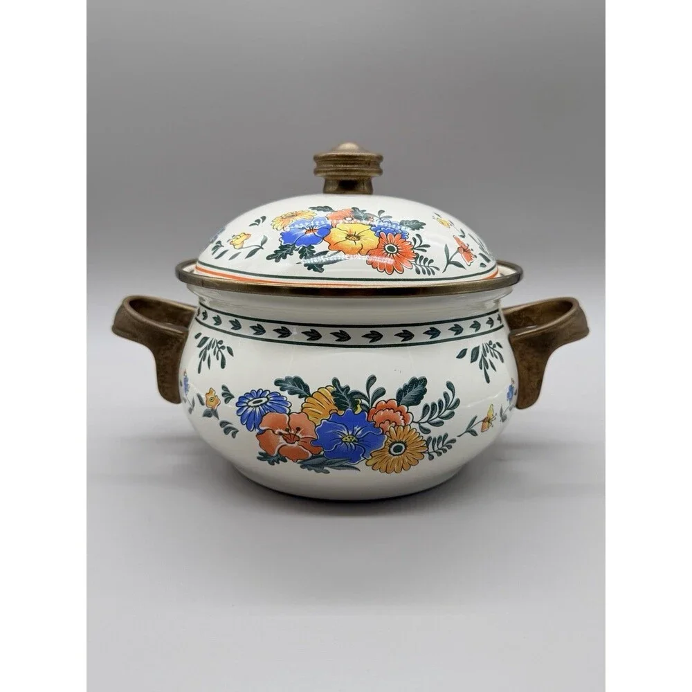 Vintage 1983 Kamenstein Enamelware Dutch Oven Cookware Floral 2 Qt Brass Handles